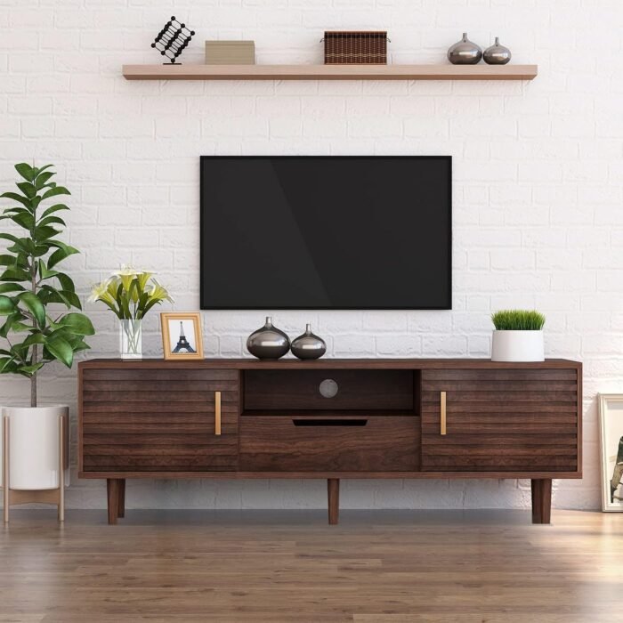 Mid-Century Modern TV Stand for TVs up to 65" Wood TV Console Media Cabinet with Drawer, Sliding Door Storage Cabinet, Open Shelf Home Entertainment Center for Living Room and Bedroom, Brown 59" - Image 2