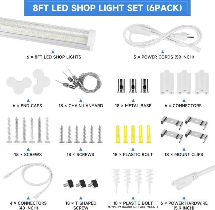 8FT LED Shop Light, U Shape 125W Integrated LED Tube Light, 6500K Clear White, 20000LM Super Bright LED Lighting, Flush Mount/Hanging Linkable LED Ceiling Lights for Garage, Plug&Play,6 Pack - Image 3