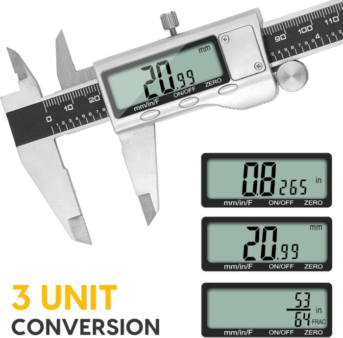 Digital Caliper Measuring Tool, 6 Inch Caliper Tool with Large LCD Screen, Easy Switch from Inch Millimeter Fraction, Stainless Steel Vernier Caliper Digital Micrometer for DIY/Household - Image 3
