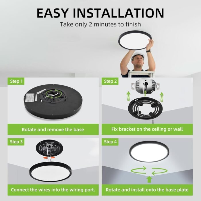 hykolity 2 Pack 12 Inch Selectable CCT LED Round Flat Panel Light, 24W, 3000K/4000K/5000K, Edge-Lit Flush Mount Ceiling Light Fixture for Kitchen, Bedroom and Closet Room, Black - Image 7