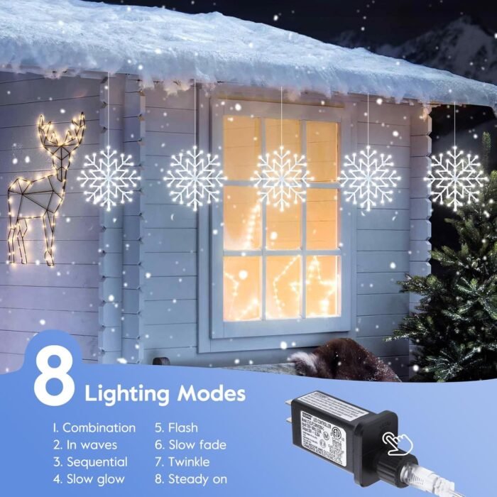 Christmas Snowflake Icicle Lights Outdoor - Plug-in 10.5ft 5 Drops 240LED Snowflake Window Lights with 8 Modes, Hanging Lights for Indoor Outdoor Porch Eaves Rooftops Pergola Canopy Christmas Decor - Image 3