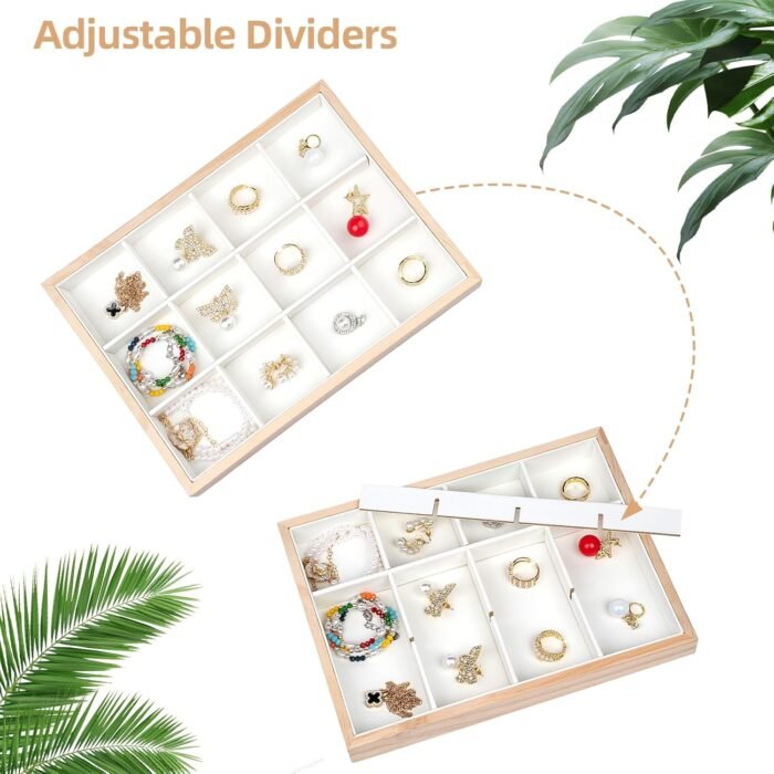 Wooden Stackable Jewelry Organizer Trays 4 Set, Wood Jewelry Storage Holder for Drawer Inserts, Jewellery Display Case Box for Earring Necklace Rings Bracelet w/Removable Dividers ((White) - Image 3