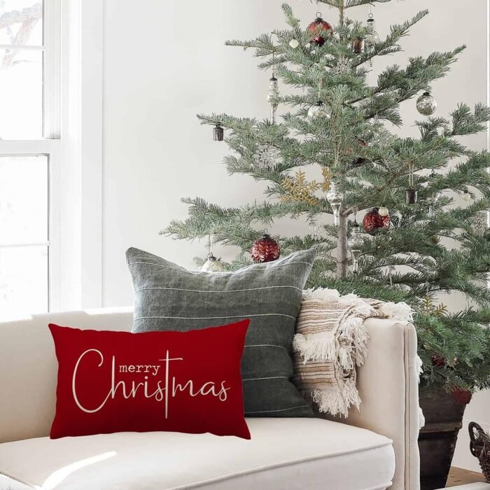 Christmas Pillow Covers Merry Christmas Throw Pillow Decorative Christmas Red Cotton Cloth Linen Cloth Pillow Cover Sofa Cover Decorative Rectangle Length 12X20 inches - Image 5