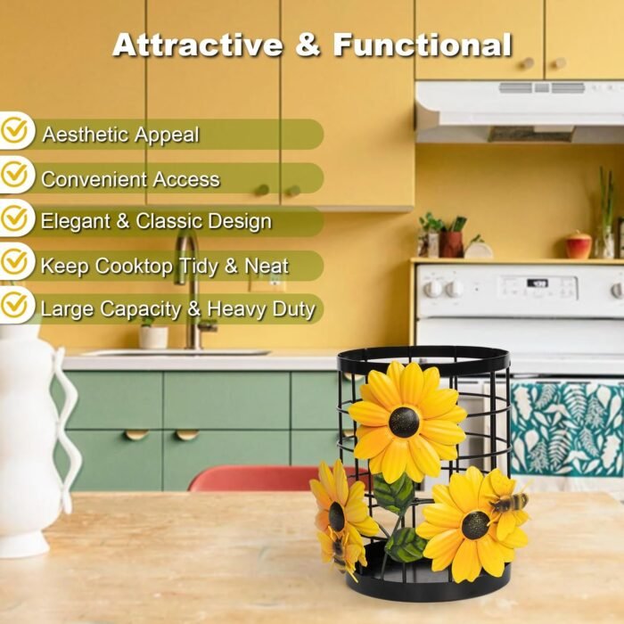 Sunflower Utensil Holder - Sunflower Kitchen Decor and Accessories, Utensil Caddy for Kitchen Countertop Decor, Sunflower Gifts for Women Sunflowers Country Crock Yellow Kitchen Utensils Organizer - Image 3