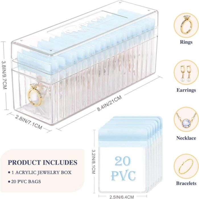 Acrylic Jewelry Box Organizer, Clear Jewelry Organizer Holder with 20 Portable Anti Tarnish Jewelry bags, Travel Jewelry Case for Earrings/Rings/Necklaces for Women Girls, Blue - Image 4