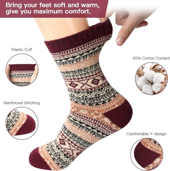 FYC Winter Womens Socks Wool Warm Thick Knit Cozy Crew Casual Vintage Soft Socks for Women Christmas Gifts Socks 5 Pairs - Image 2