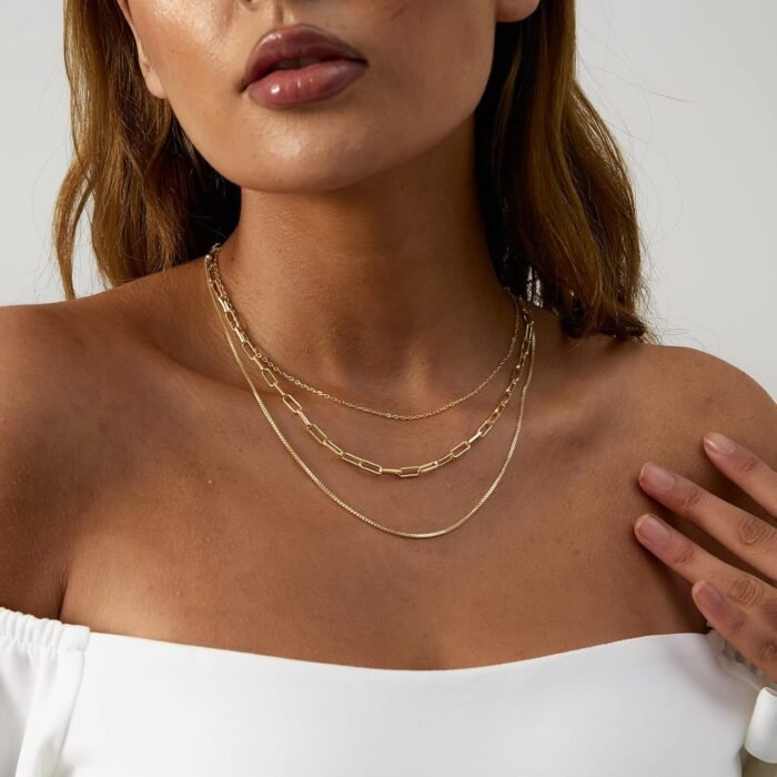 VIROMY Dainty Gold Necklace for Women 14K Gold Plated Layered Satellite Necklaces Trible Layering Paper Clip Chain Link Necklace Everyday Jewelry - Image 5