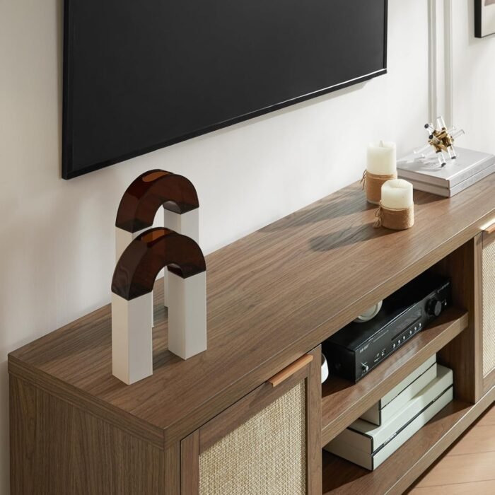 Hampstead TV Stand for Living Room, Modern Entertainment Center for 65 inch TV, 2 Rattan Doors Cabinet Media Console, TV Console Table with Soft Hinge Door and Handle (Special Walnut) - Image 7