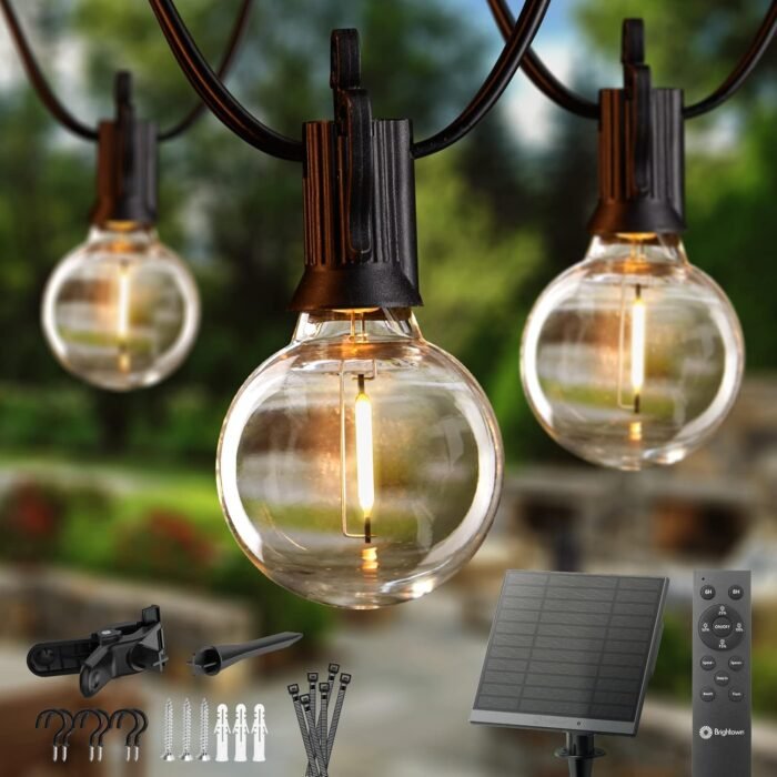 Brightown 58FT Solar String Lights Outdoor with Remote Cable Ties and Hooks, Commercial Grade Patio Lights with 26 LED Shatterproof Bulbs, 3 Light Modes Hanging Light for Backyard Party Decor - Image 2