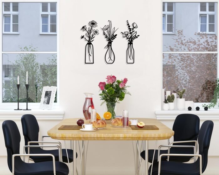 Pigort 3 Pieces Metal Flowers Wall Arts - Rustic Farmhouse Decor Black Minimalist Flower Wall Decors for Living room Bathroom Bedroom Dining Room - Housewarming Gifts(Black, Vase-C) - Image 3
