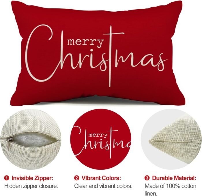Christmas Pillow Covers Merry Christmas Throw Pillow Decorative Christmas Red Cotton Cloth Linen Cloth Pillow Cover Sofa Cover Decorative Rectangle Length 12X20 inches - Image 6