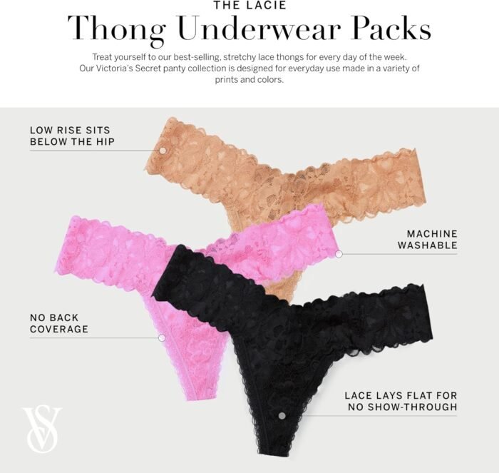 Victoria's Secret Women's Lace Thong Underwear, Panties for Women, Multi Pack (XS-XXL) - Image 3