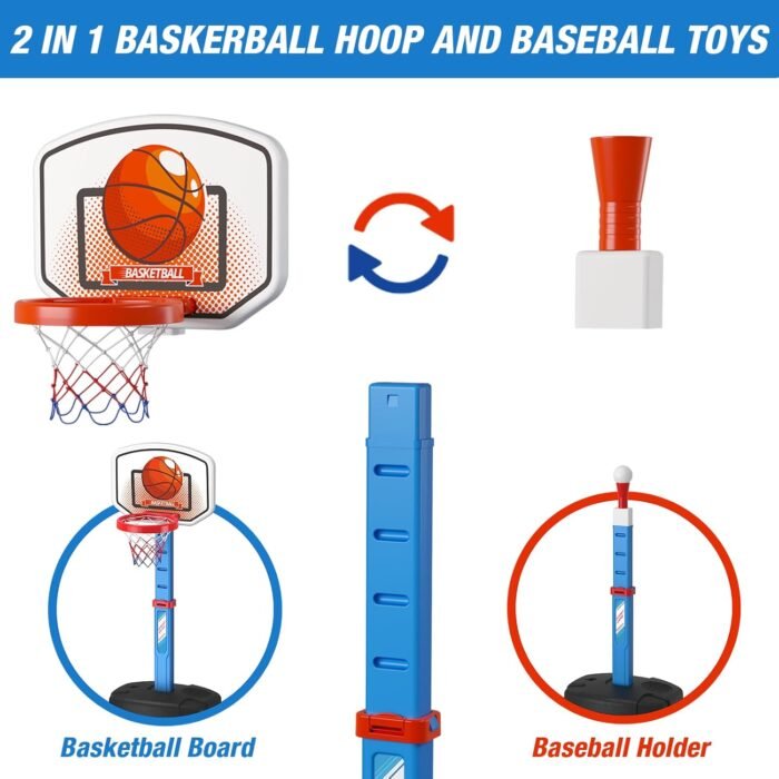 2 in 1 Kids Basketball Hoop and T Ball Set - Adjustable Height, Kids Baseball Tee with Automatic Pitching Machine, Indoor Outdoor Sport Toys Gifts for Toddler Boys Girls Age 1-5, Blue - Image 7