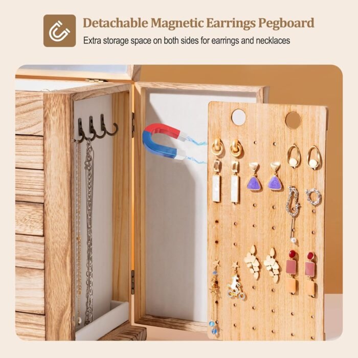 ProCase Large Jewelry Box, 7-Layer Wooden Jewelry Boxes for Women, Jewellery Holder Organizer Storage Case with Mirror for Earrings Bracelet Necklace for Dresser -Natural - Image 6