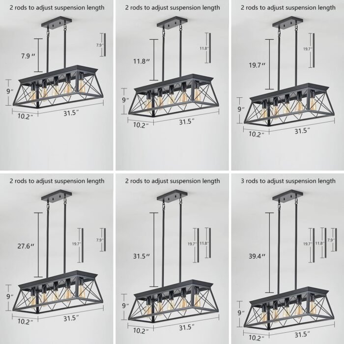 HuixuTe 5-Light Farmhouse Pendant Light for Dining Room, Rustic Kitchen Island Lighting, Adjustable Height Chandeliers for Kitchen, Dining Room Table Black - Image 4