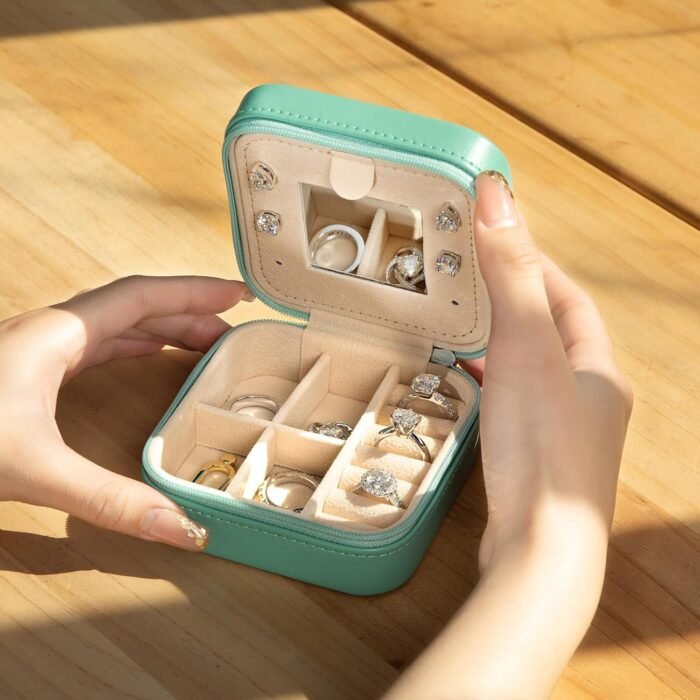 AnuClub Small Jewelry Box, Travel Jewelry Organizer Boxes for Women Portable PU Leather Jewellery Storage Case with Mirror for Earring Ring Necklace - Image 3