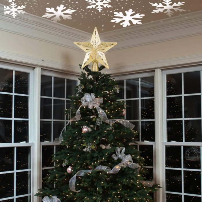 DG-Direct Christmas Tree Topper Lighted Star [Gold],3D Hollow Sparkling Star Christmas Tree Topper with Rotating Magic Cool White Snowflake Projector for Christmas Tree Ornament (Gold) - Image 2