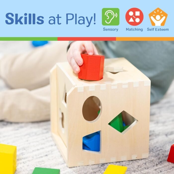 Melissa & Doug Shape Sorting Cube - Classic Wooden Toy With 12 Shapes - Image 5