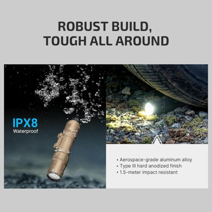 OLIGHT Odin S 1500 Lumens MLOK Rail Mounted Weaponlight Rechargeable Tactical Flashlight with Upgraded Remote Pressure Switch, 250 Meters Throw Distance, IPX8 Waterproof (Desert Tan) - Image 7