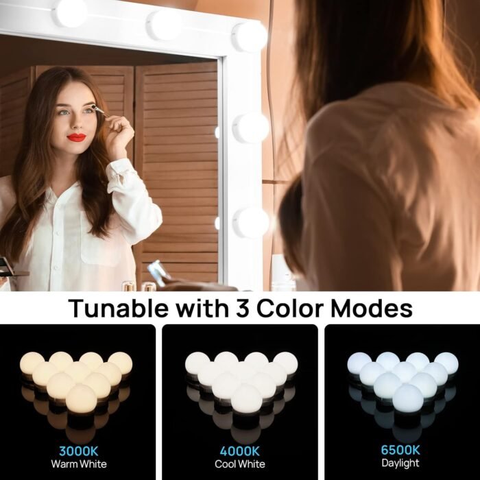 Consciot LED Vanity Lights For Mirror, Hollywood Style Vanity Lights With 10 Dimmable Bulbs, Adjustable Color & Brightness, USB Cable, Mirror Lights Stick on for Makeup Table Dressing Room, White - Image 3