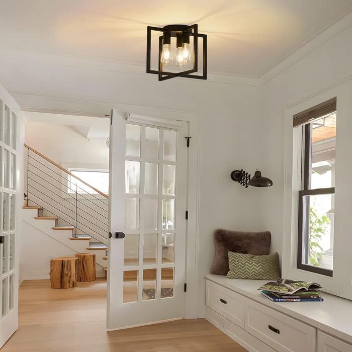 3-Light Ceiling Light Fixture, Black Semi-Flush Mount Chandelier with Geometric Metal Shade, Farmhouse Industrial Lighting for Kitchen Living Room Bedroom Hallway Foyer, E26 Base - Image 6