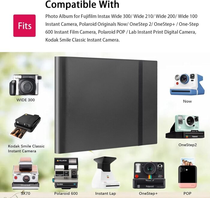 160 Pockets Photo Album for Fujifilm Instax Wide 300, Polaroid 600 i-Type 3.5x4.5 Inch Film Album, Compatible with Polaroid Now OneStep2 OneStep+ Instant Camera, POP Lab Print Camera (Black) - Image 2
