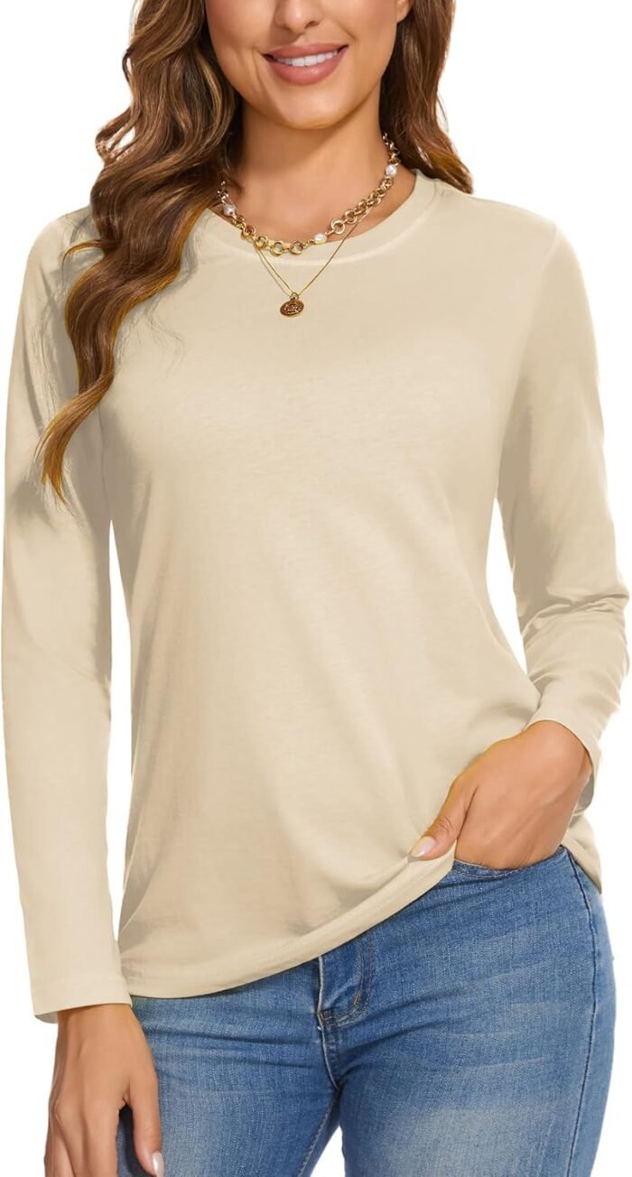 SMENG Women's Long Sleeve Crewneck Cotton Basic T-Shirt Solid Color Soft Comfy Casual Tops Fall Shirts for Women 2024