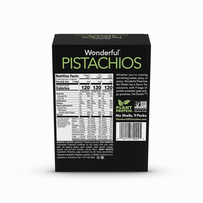 Wonderful Pistachios No Shells, 3 Flavors Mixed Variety Pack of 9 (0.75 Ounce), Roasted & Salted Nuts (4), Chili Roasted (3), Honey Roasted (2), Protein Snacks, Stocking Stuffers , Individually Wrapped Healthy Snacks - Image 11