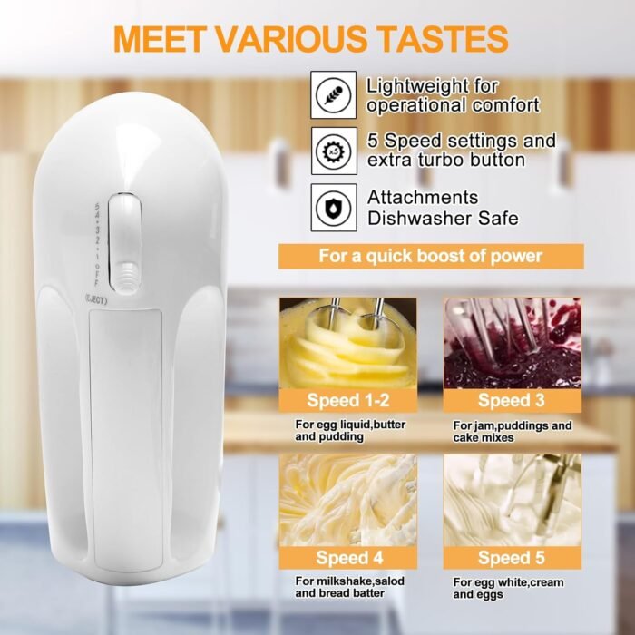 5-Speed Electric Hand Mixer, 4 Large Mixing Bowls Set, Handheld Mixers with Whisks Beater, Stainless Steel Metal Nesting Bowl Measuring Cups Spoons Kitchen Cake Blender for Baking Supplies - Image 4
