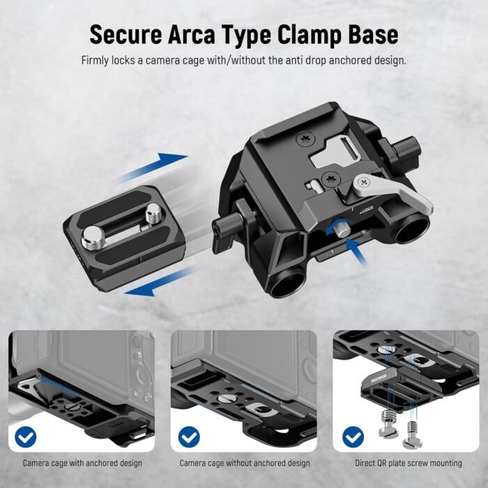 NEEWER 15mm LWS Baseplate with Arca Type QR Plate & Base, 15mm Rod Clamps, Retractable Anti Off Pin Compatible with DJI Compatible with SmallRig Shoulder Rig, SR015 - Image 4