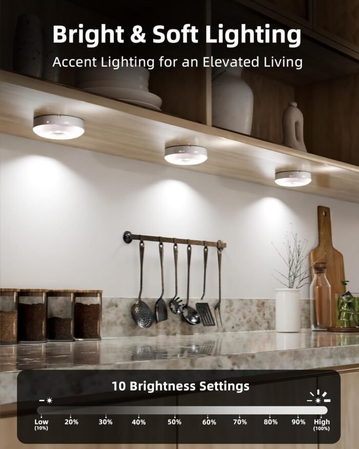 EZVALO LED Under Cabinet Lighting,1000mAh Rechargeable Puck Lights with Remote,3 Color Temps & 12 RGB Motion Sensor Closet Lights Indoor, Dimmable Under Counter Lights for Kitchen, Shelf (6 Packs) - Image 2