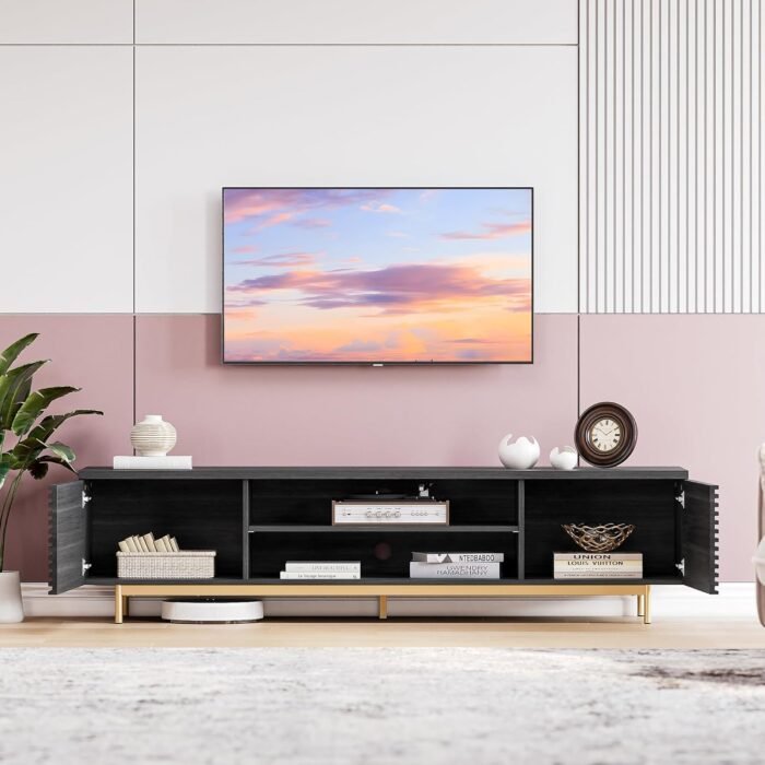 BELLEZE 68" Fluted TV Stand for TV up to 75", Modern Entertainment Center with Storage Cabinet, Slatted Door Decorated Media Console Table, Home Living Room Bedroom Furniture(Ebony) - Image 6