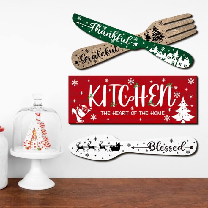YLOLUL 4 Pieces Christmas Kitchen Decor Eat Sign Set Fork and Spoon Wooden Hanging Wall Decor Art Rustic Country Farmhouse Kitchen Xmas Santa Snowman Wall Art Sign for Dining Room Home Decor - Image 5
