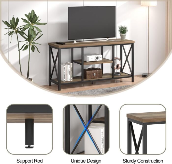 FOLUBAN TV Stand for TVs up to 55 Inch, Rustic Wood and Metal Entertainment Center with Storage, Modern Industrial Media TV Console Table for Living Room Bedroom, Oak 47 Inch - Image 6