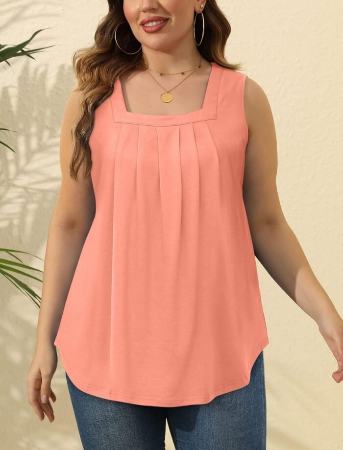 Saloogoe Summer Tank Tops for Women Loose Fit Pleated Square Neck Sleeveless Tops Curved Hem Flowy - Image 5