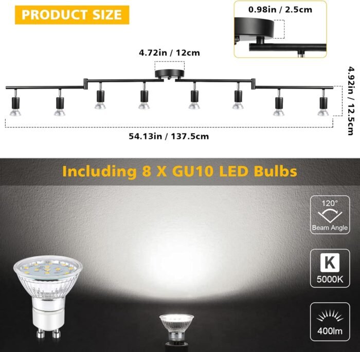 Unicozin LED 8 Light Track Lighting Kit, Black 8 Way Ceiling Spot Lighting, Flexibly Rotatable Light Head, Track Light Included 8 x LED GU10 Bulb (4W, Daylight White 5000K, 400LM) - Image 3