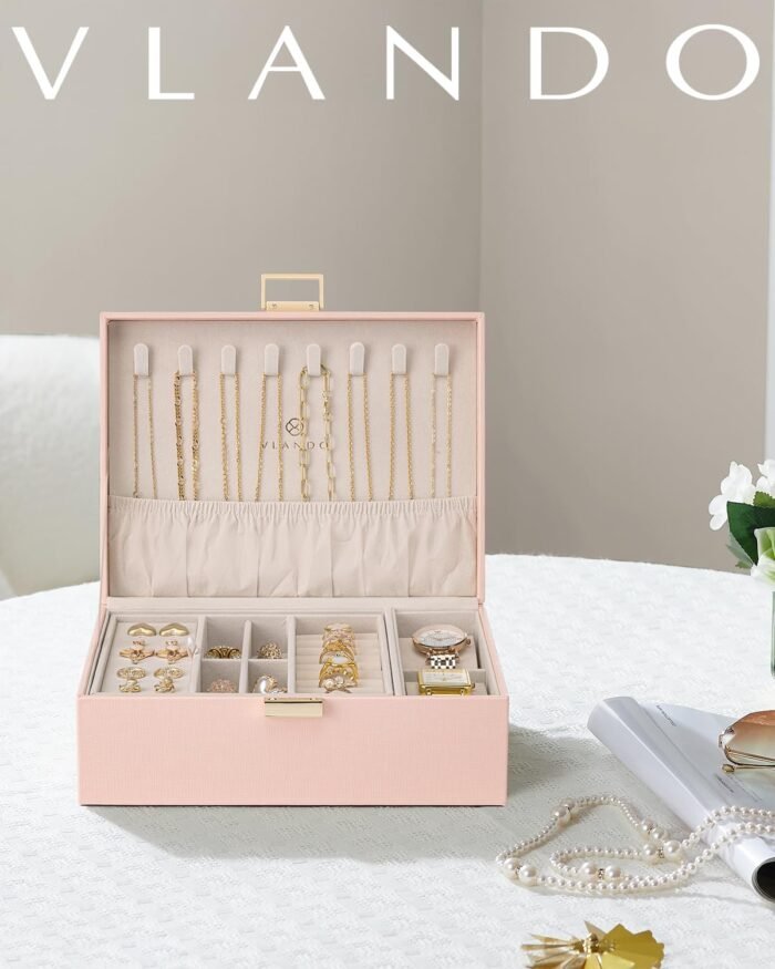 Vlando 2 Layer Jewelry Box Large Jewelry Organizer for Women Removable Jewelery Tray with Watch Pillow for Necklace Earrings Rings Bracelets Jewelry Boxes for Christmas Gifts Mother's Day Gifts (Pink) - Image 9
