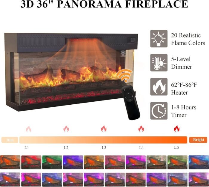 Farmhouse Fireplace TV Stand for TVs Up to 80 inch, 70" Entertainment Center with 36 inch 3-Sided Electric Fireplace for Living Room, 20 Flame Colors, Open Storage and 2 Cabinets (Dark Gray) - Image 5