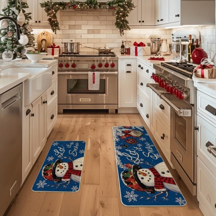 Artoid Mode Blue Let It Snow Snowflake Snowman Winter Kitchen Mats Set of 2, Christmas Decor Low-Profile Kitchen Rugs for Floor - 17x29 and 17x47 Inch - Image 2
