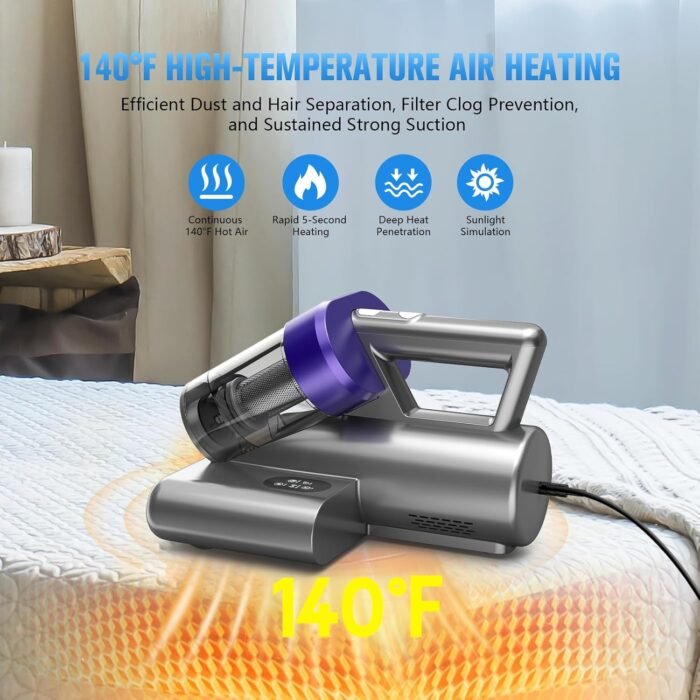 Mattress Vacuum Cleaner, UV Bed Vacuum Cleaner,16Kpa Powerful Handheld Vacuums with Heating & Ultrasonic & Anion for Mattress Bed Home Dust Pet Hair,500W(Corded,Purple) - Image 5