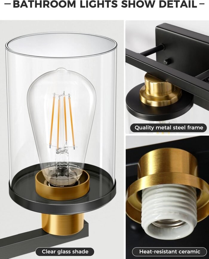 L LOHAS LED 3-Light Black and Gold Bathroom Light Fixtures,Modern Bathroom Lighting Fixtures Over Mirror with Clear Glass Shade, Bathroom Vanity Lights for Bathroom, ETL Listed - Image 4
