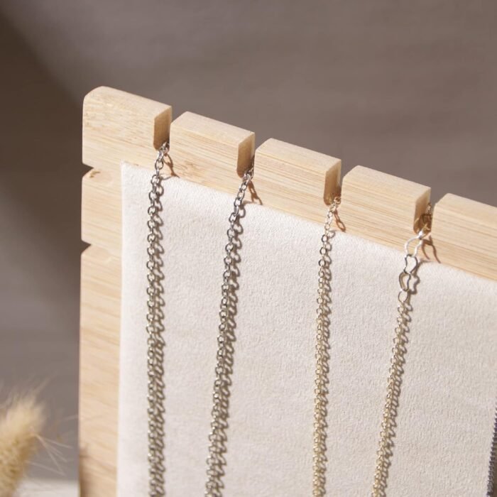 Bamboo Big Necklace Display Stand, Pendant Necklace Wood Jewellery Holder, Chain Jewelry Rack Organizer, Tabletop Display Boards for Home or Shop Sell Show (Beige Velvet) - Image 4
