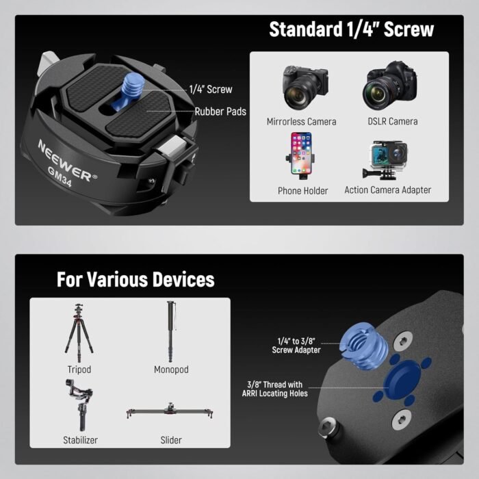 Neewer GM34 Camera Quick Release Plate Kit, Quick Switch Auto Lock Square QR Mount Plate with Arca Type Clamp Base, Compatible with Arca Swiss Peak Design Capture V3 Camera Clip, Max Load 11lb/5kg - Image 6