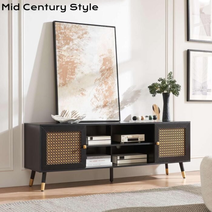 Modern Entertainment Center for TVs up to 75 inches, Boho TV Console with Storage Cabinet and Open Shelf, Black TV Cabinet, Large TV Stand for Living Room, Bedroom, Home Office - Image 3