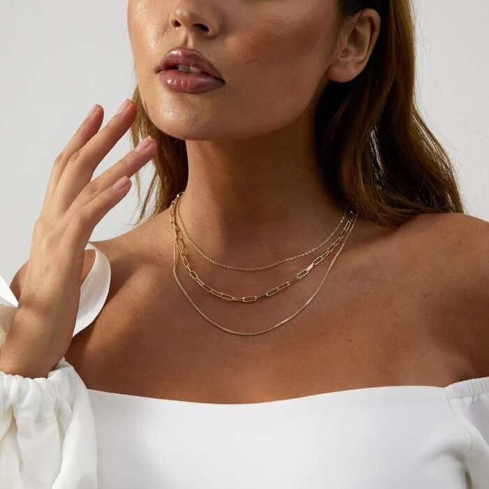 VIROMY Dainty Gold Necklace for Women 14K Gold Plated Layered Satellite Necklaces Trible Layering Paper Clip Chain Link Necklace Everyday Jewelry - Image 4