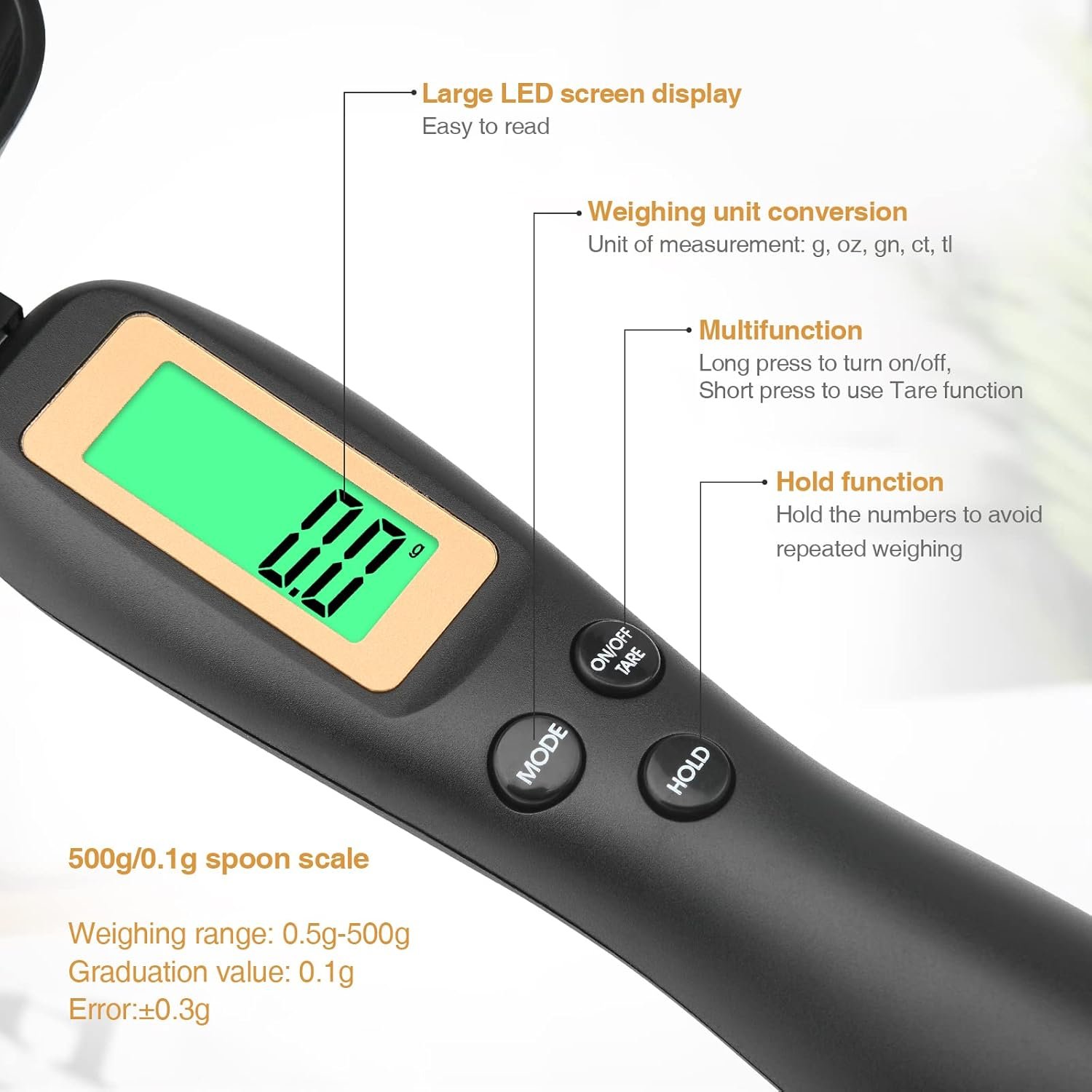 Mafiti Digital Measuring Spoon, Electronic Adjustable Measuring Spoon Scale 500g / 0.1g High Precision for Kitchen Gadgets Daily Meals Pet/Dog Food Measuring Scoop - Image 2