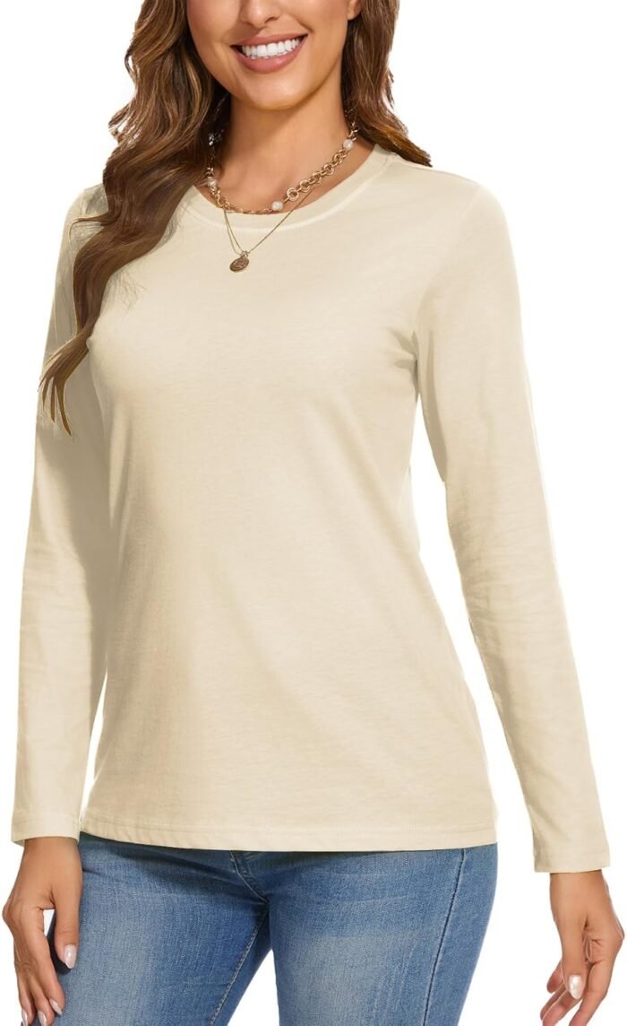 SMENG Women's Long Sleeve Crewneck Cotton Basic T-Shirt Solid Color Soft Comfy Casual Tops Fall Shirts for Women 2024 - Image 3