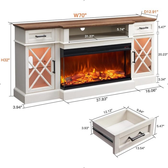 OKD 3-Sided Farmhouse Electric Fireplace TV Stand for TVs up to 80'', Highboy Entertainment Center with Glass Door Storage Cabinet, 70'' Large TV Stands with 36'' , Antique White - Image 6