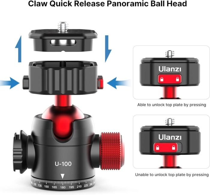 ULANZI Ball Head with Claw Super Quick Release Design, Professional Metal 360° Rotating Panoramic Ball Head with Cold Shoe, Up 44.1lbs Load, for Tripod,Monopod,Slider,DSLR Camera (U-100) - Image 2