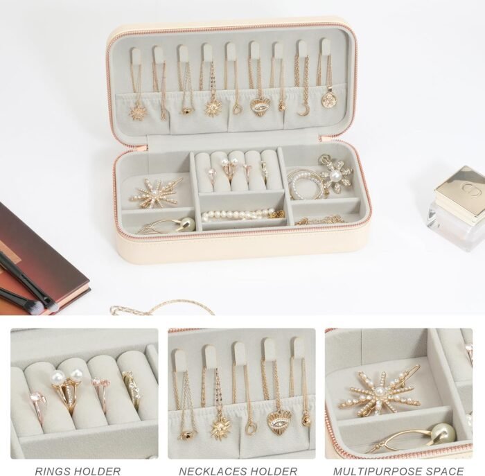 Travel Jewelry Case, Small Jewelry Organizer Box Portable Jewellery Box for Rings Earrings Necklaces Bracelets, Beige C - Image 3